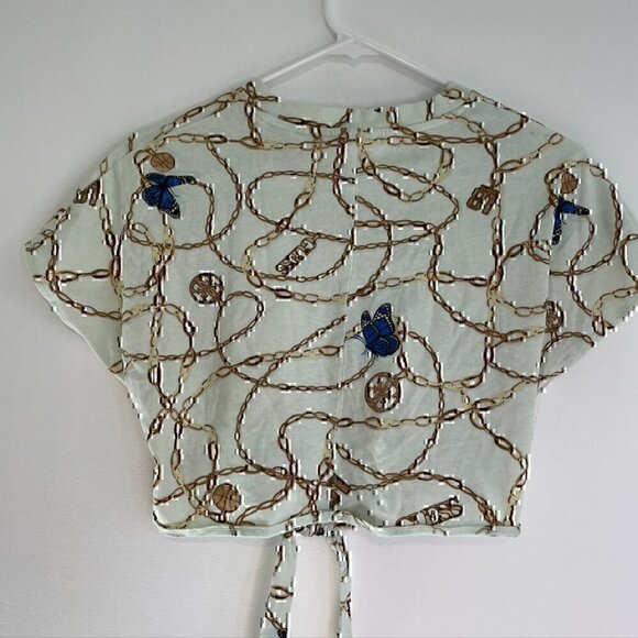 GUESS Dolly Bow Tee / All Over Print T-Shirt Chain Butterfly Tie Knot Crop Top - Picture 10 of 12